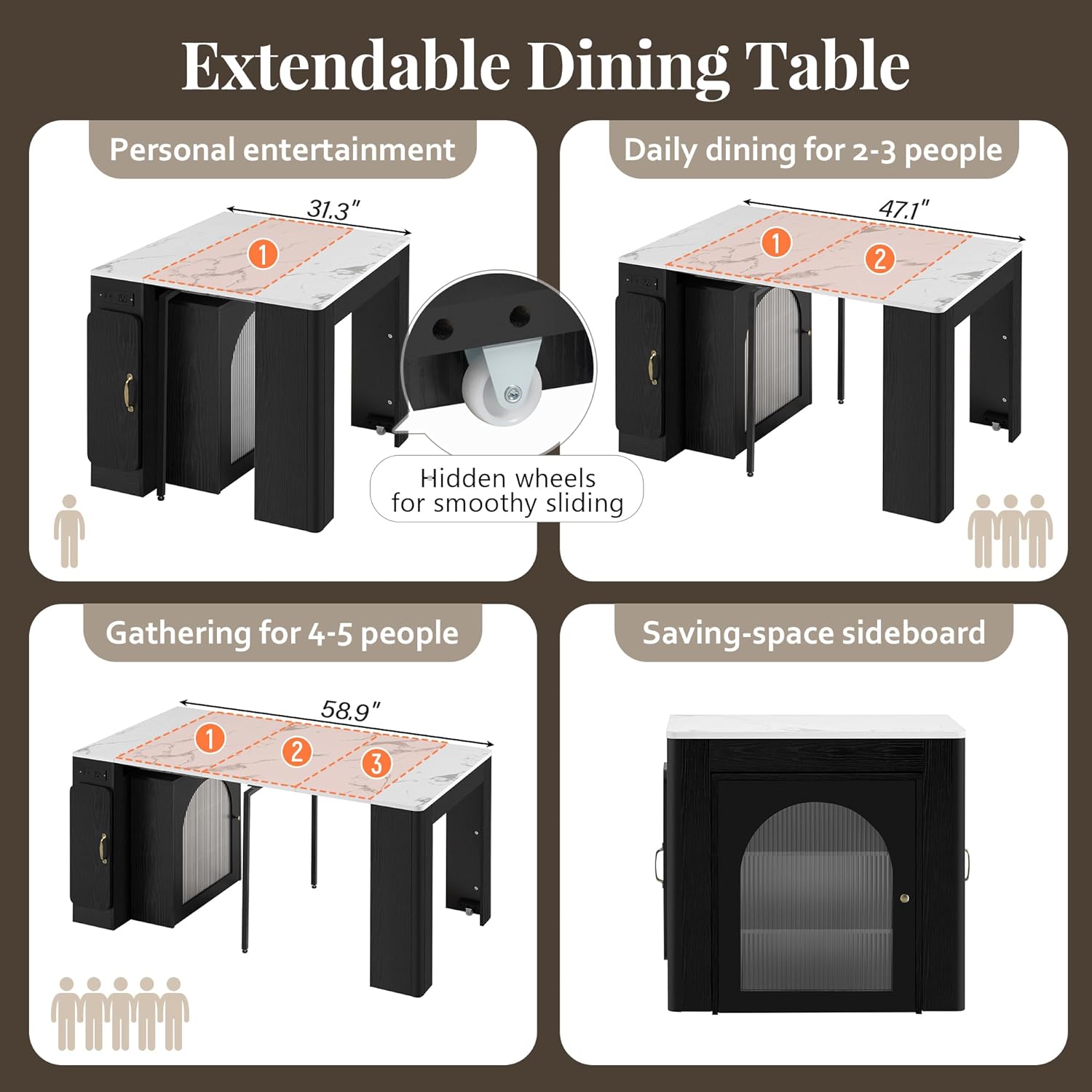 Extendable Dining Table with Storage, Transformer Console Table for 1-5 People, LED Mobile Rolling Island Table Space Saving Dining Room Table with Built-in Outlet for Homes, Apartments, Black