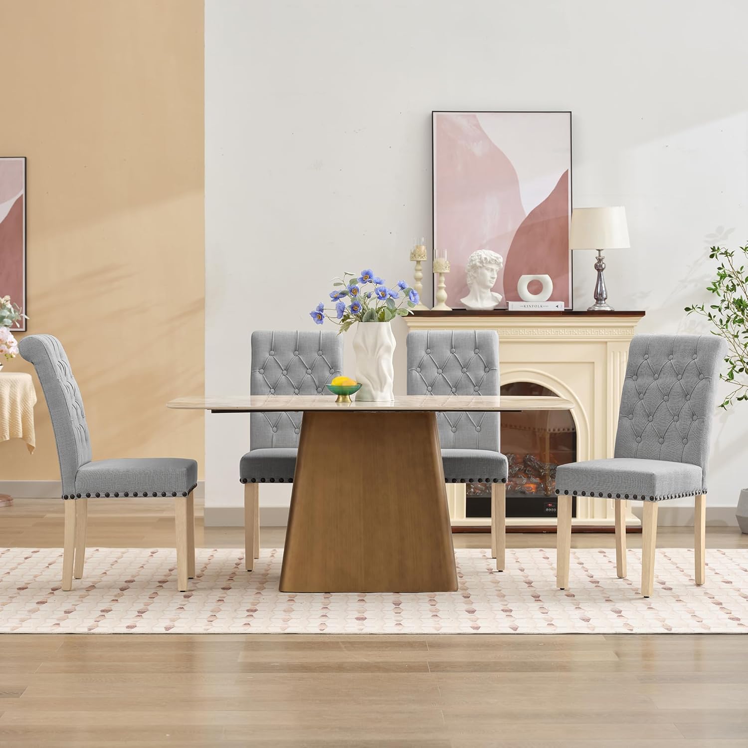 LOULENS Fabric Dining Chairs Set of 2, Modern Linen Upholstered Parson Chairs with Button Tufting and Solid Wood Legs for Kitchen & Dining Room, Light Gray
