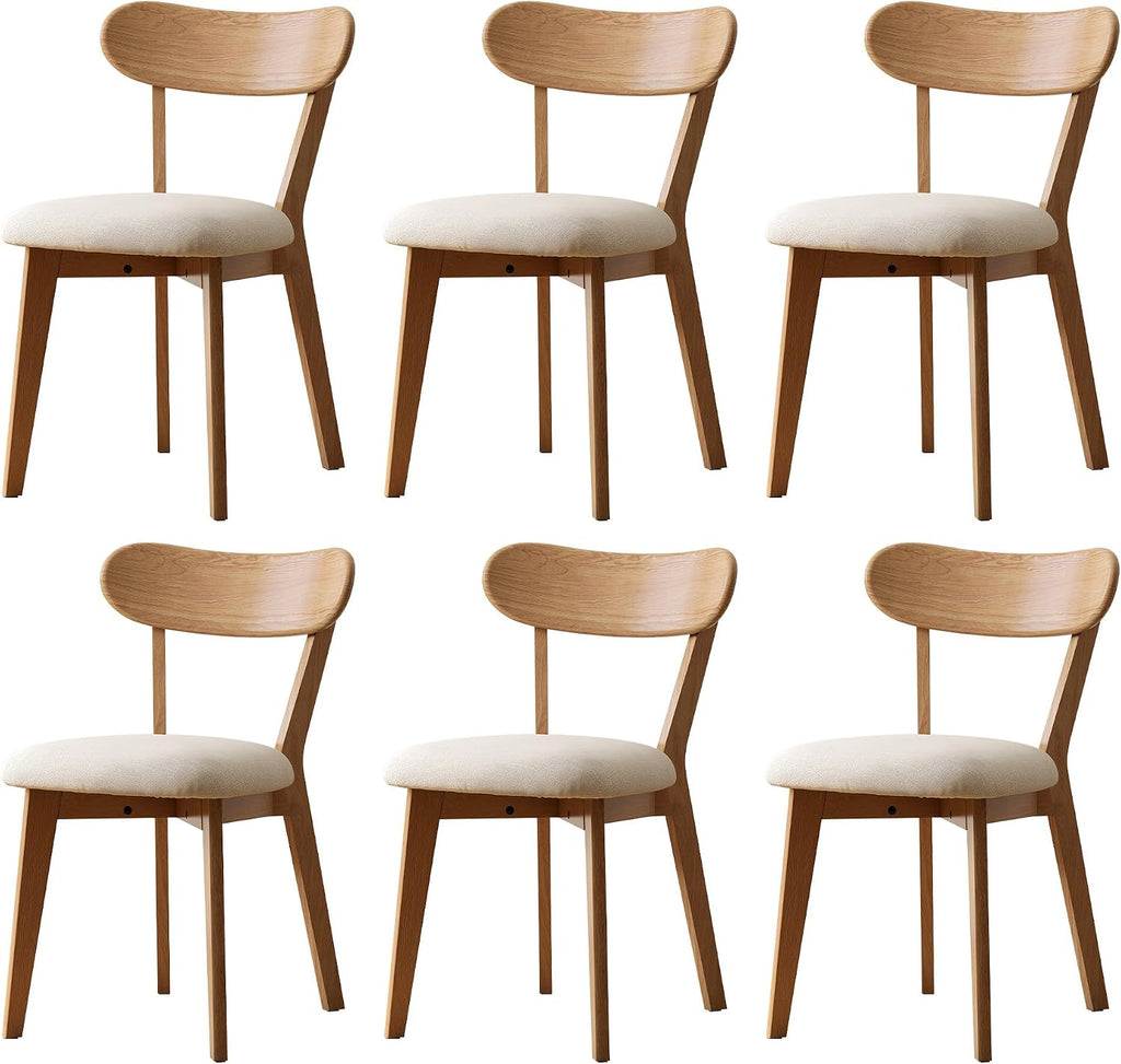 100% Solid Wood Upholstered Dining Chairs, Mid Century Modern Oak Dining Chairs with Curved Back Design with Butterfly Wing Shape for Kitchen, Dining Room, Restaurant (6, Log Color-Beige Cushion)