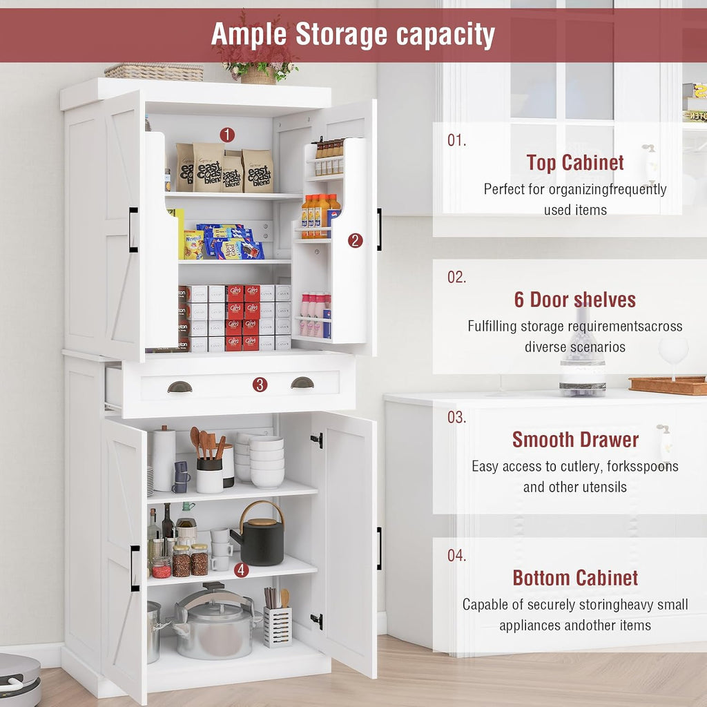 Tall Free Standing Kitchen Pantry Storage Cabinet, Wooden Farmhouse Style, Deep Organization for Kitchen