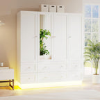 VOWNER Wardrobe Closet with 4 Doors Bedroom Armoire with Mirror & 6 Drawers