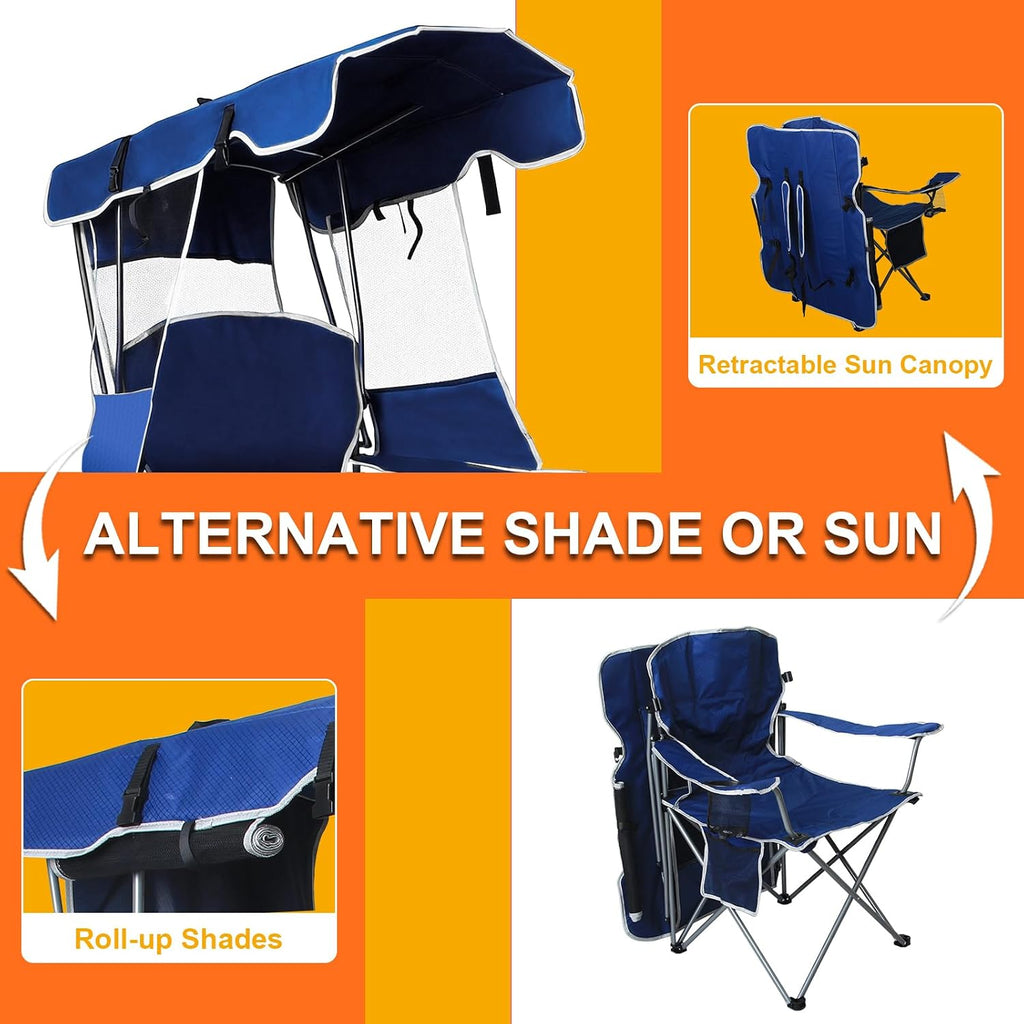 2 Pack Canopy Camping Chairs with Shade, Folding Beach Chair with Full Sun Protection, Portable Heavy Duty Outdoor Chair for Camping, Beach, Sports, Fishing, Lawn, Supports 400 lbs,Navy