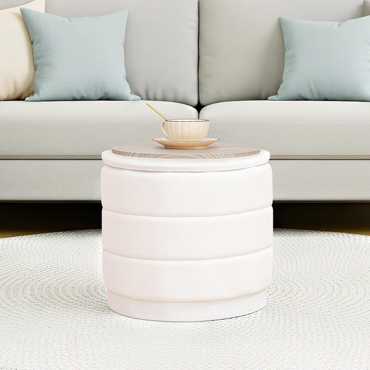 15.4" Round Velvet Storage Ottoman with Reversible Lid, Upholstered Circular Ottoman Footrest with Hidden Storage, Foldable Padded Footstool for Dorm Living Room & Bedroom, White