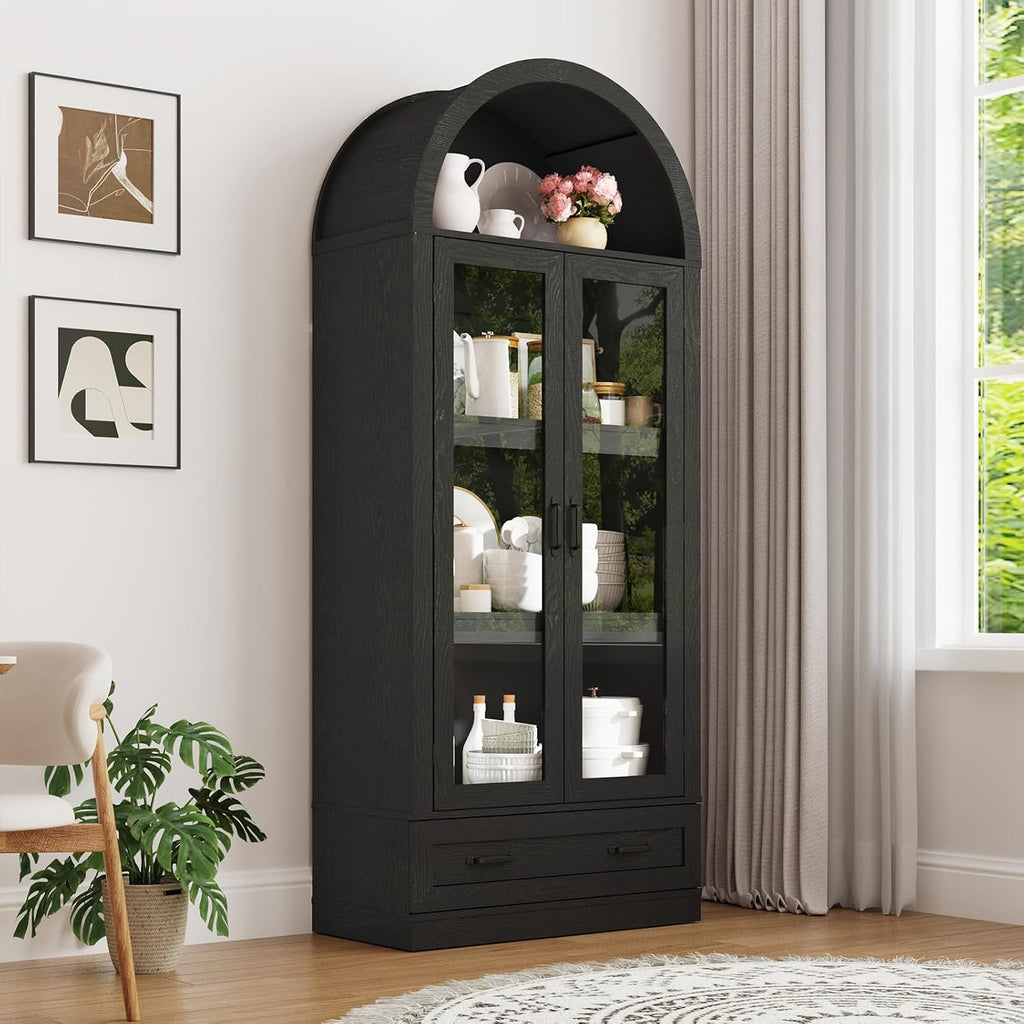 75" Tall Arched Kitchen Pantry Cabinet w Load-Bearing Steel Pipe,Modern Farmhouse Kitchens Storage Cabinet with Drawer and Glass Doors,Tall Arched Bookcase,Pantry Organizer(Woodgrain Black)