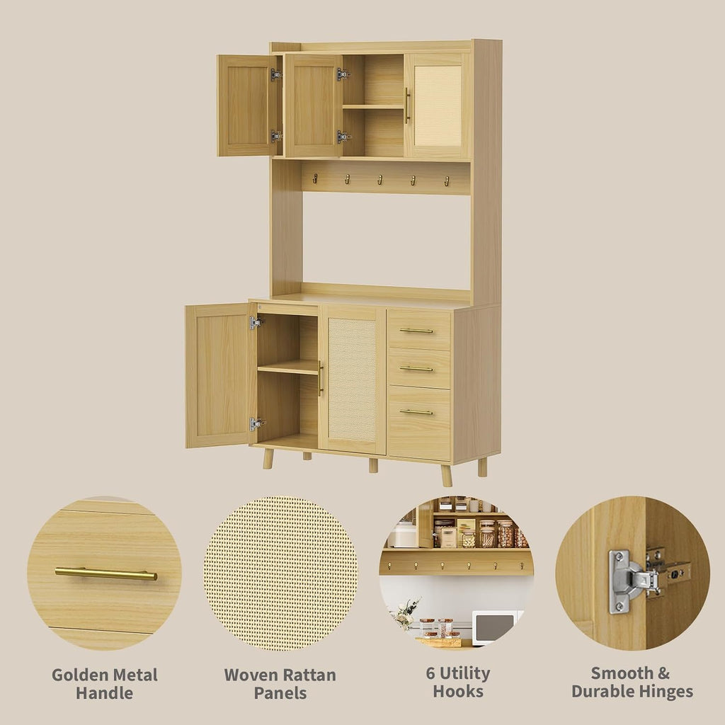 71" Tall Farmhouse Pantry Cabinet with Rattan Doors & Drawers, Freestanding Storage Hutch with Adjustable Shelves, 6 Hooks & Microwave Shelf for Kitchen, Dining or Living Room