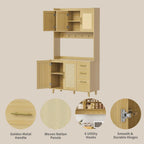 71" Tall Farmhouse Pantry Cabinet with Rattan Doors & Drawers, Freestanding Storage Hutch with Adjustable Shelves, 6 Hooks & Microwave Shelf for Kitchen, Dining or Living Room