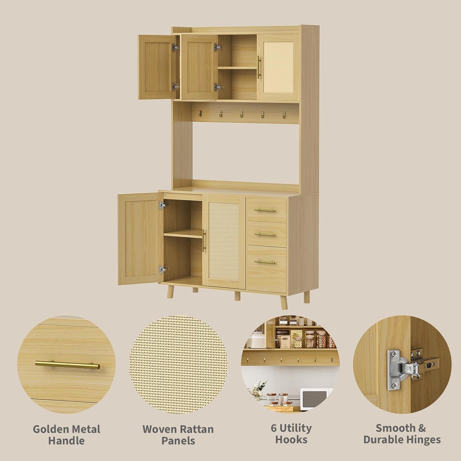 71" Tall Farmhouse Pantry Cabinet with Rattan Doors & Drawers, Freestanding Storage Hutch with Adjustable Shelves, 6 Hooks & Microwave Shelf for Kitchen, Dining or Living Room