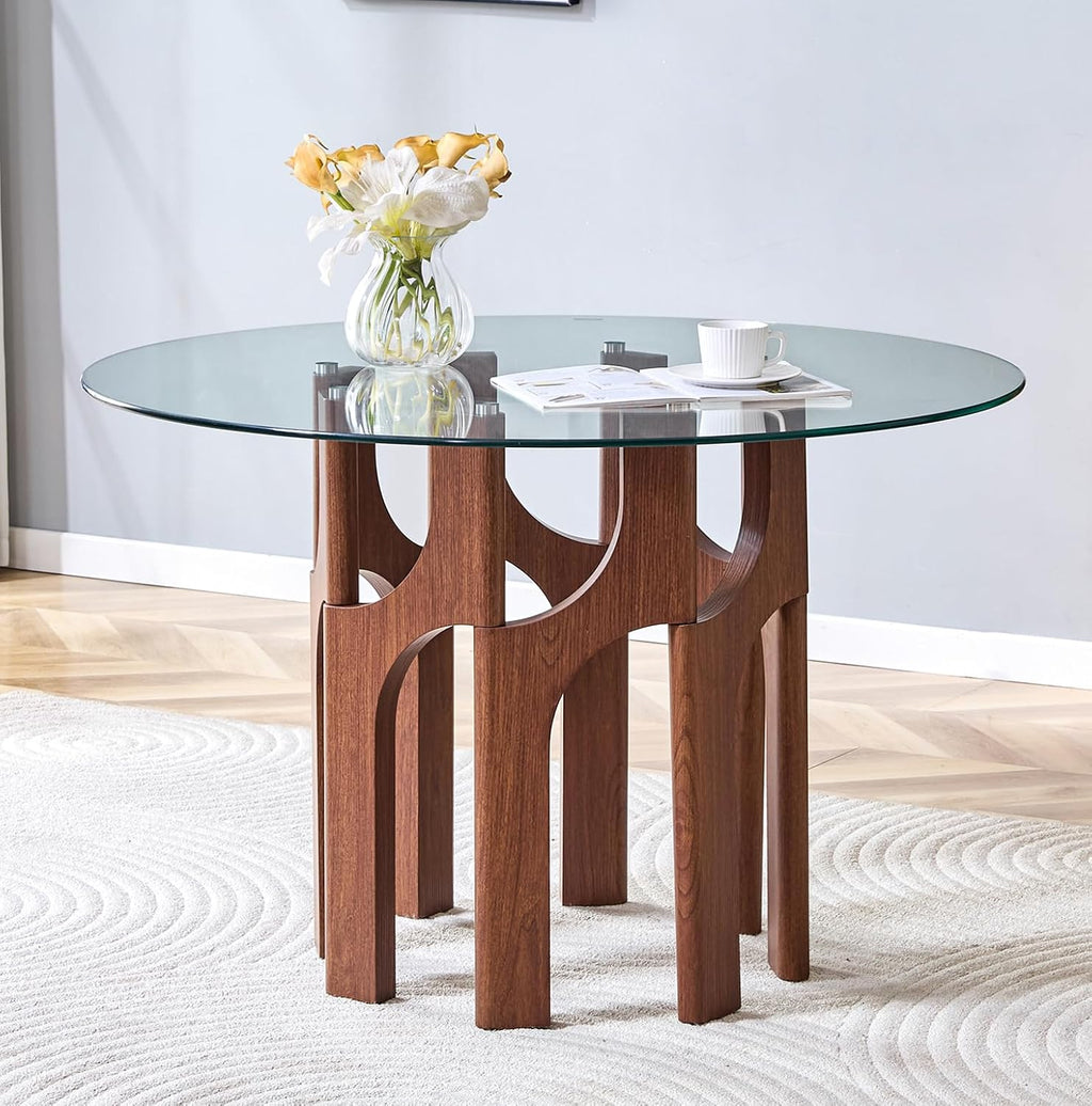 Round Dining Table,46 Inch Glass Kitchen Dining Room Table with Wooden Walnut Pedestal Base,Modern Circle Clear Glass Top 4-6 Person Dinner Table for Small Spaces Home/Apartment