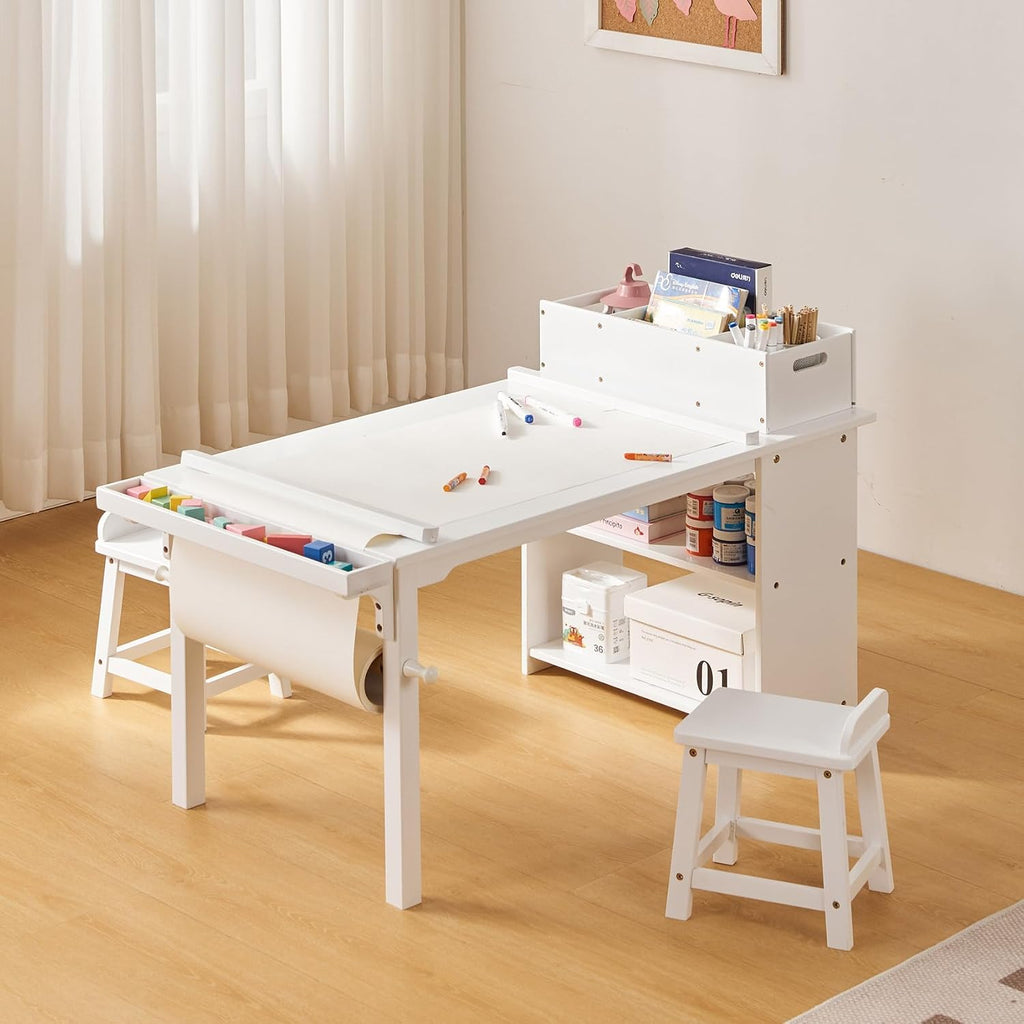 UNICOO Kids Art Table and Chair Set with Paper Roll Holder, Toddler Craft Table with Storage Shelves, Side Supply Tray, Removable Organizer Caddy and 2 Stools, Drawing Activity Desk for Ages 2-12