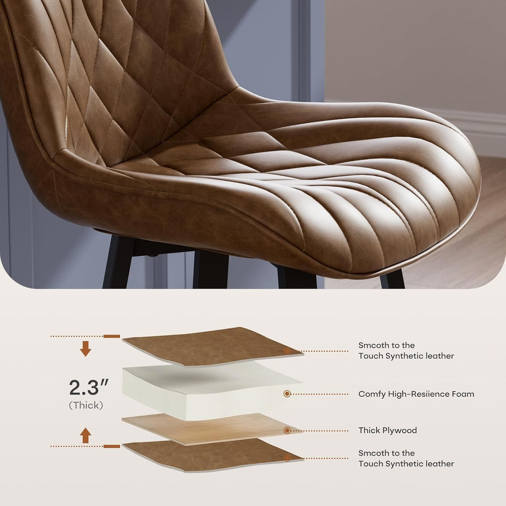 26" Brown Counter Height Bar Stools Set of 4, for Kitchen Island | Curved Seat with Back, Diamond Quilted Vintage Leather, 350lbs Stable Metal legs with Footrest & Anti-slip Mat, Easy Assembly