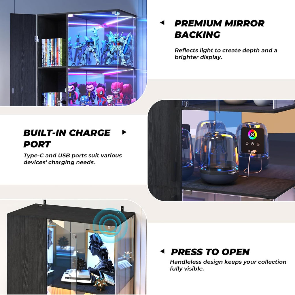 VersionTECH. Glass Display Cabinet with RGB Lights, 5-Tier Curio Cabinets with Glass Doors for Collectibles, Display Case with Adjustable Shelves, Human Sensor, Charging Station, Mirror Backing, Black
