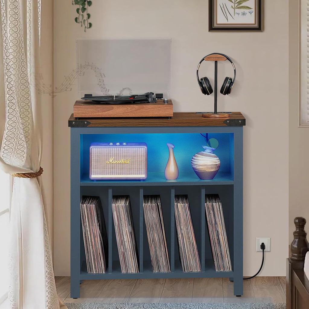Joaxswe Large Record Player Table with Charging Station & LED Lights, Blue Vinyl Record Storage Cabinet Holds up to 230 Albums, Turntable Stand with Display Shelf for Music Room Bedroom Living Room