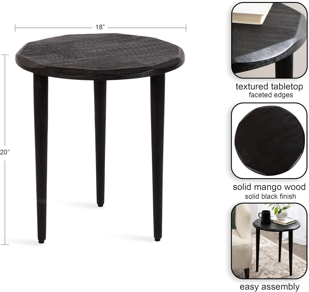 Kate and Laurel Tavares Modern Wooden Round Side Table, 18 x 18 x 20, Black, Solid Wood Accent End Table with Textured Top and Faceted Edge for Use as Indoor Plant Stand or Living Room Decor Piece