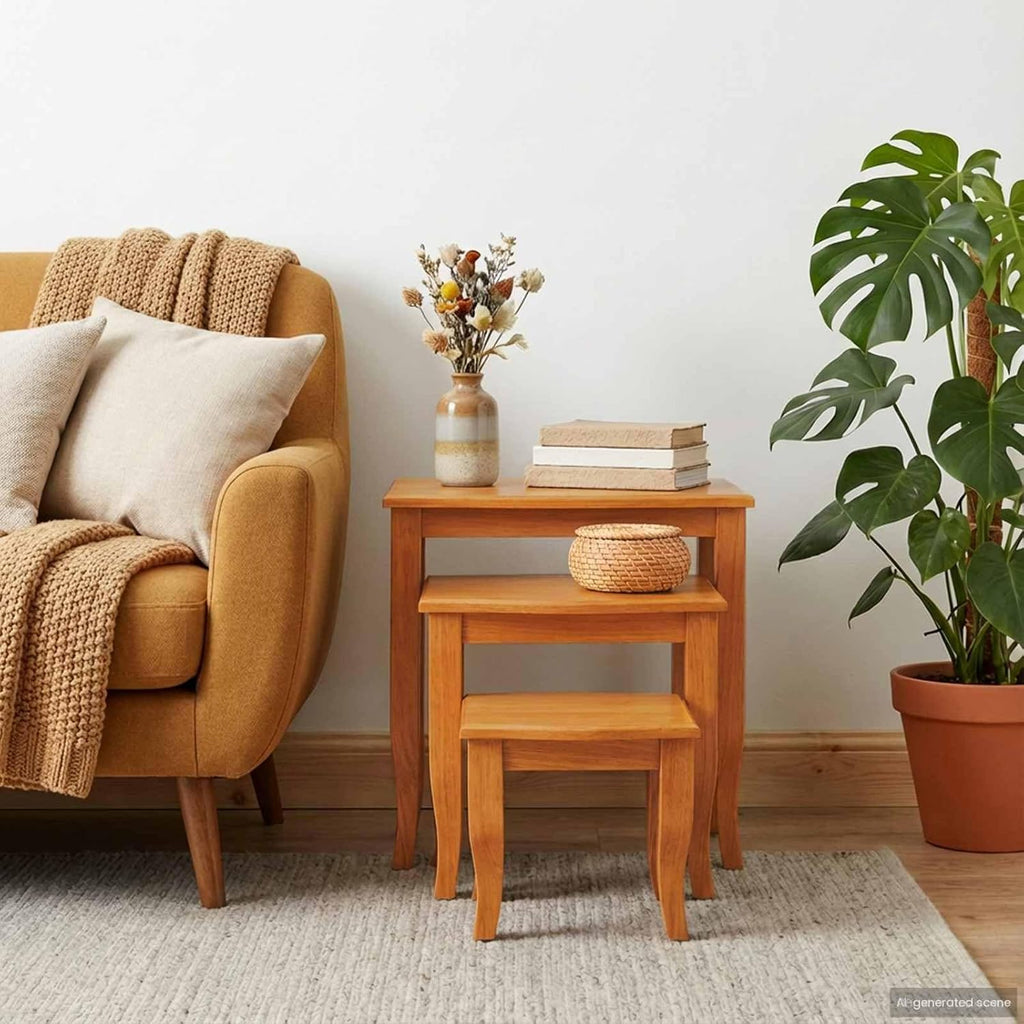Nesting Side Tables 3 pcs Natural Solid Mahogany Wood | Space Saving Stackable Design, Unique Wood Grain, Versatile Accent for Living Room or Bedroom