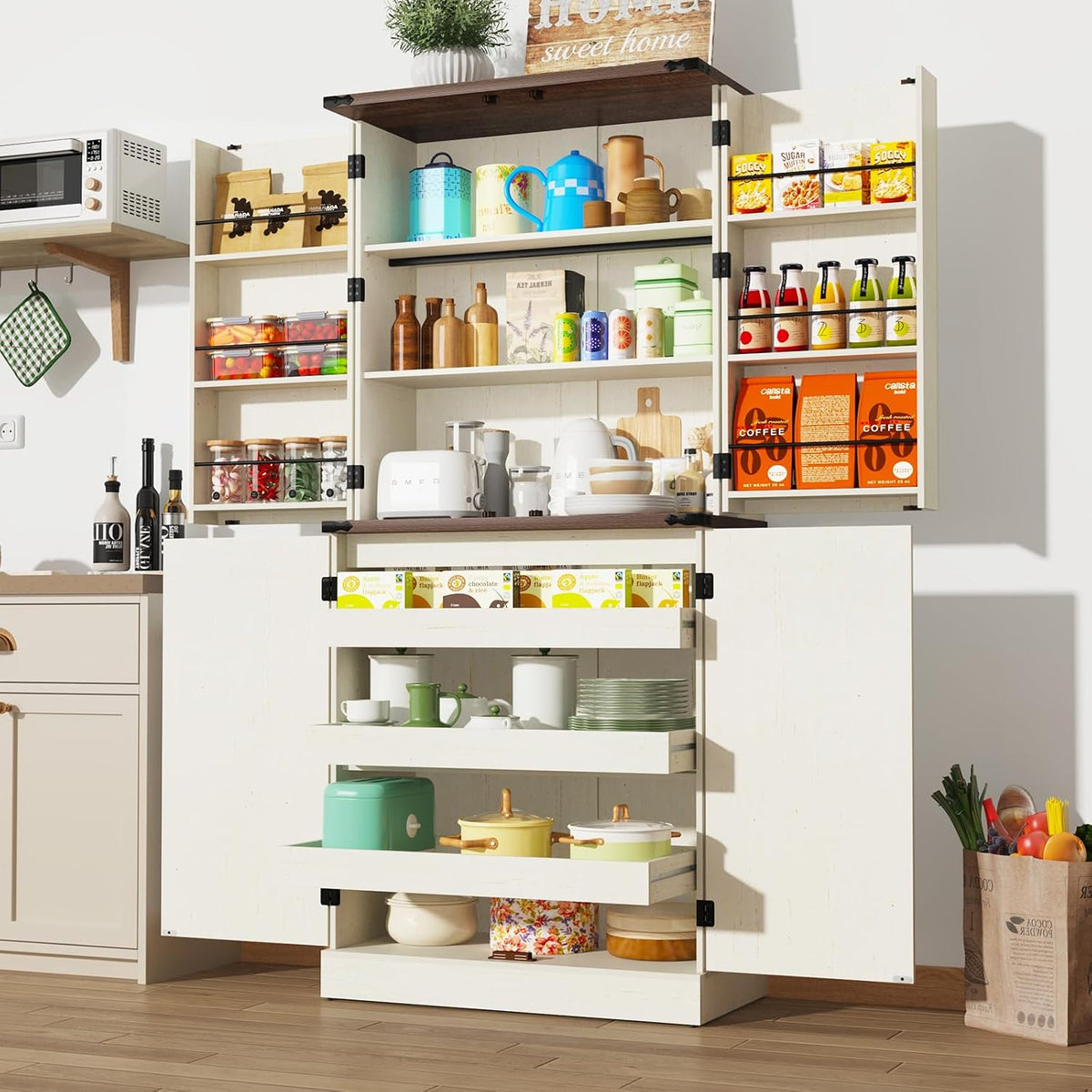 Farmhouse Kitchen Pantry Cabinet with 3 Drawers,71" Tall Rustic Wood Storage Cabinet with 6 Door Shelves,with Load-Bearing Steel Pipe,Pantry Organizers for Kitchen,Dining Room(Rustic Off White)
