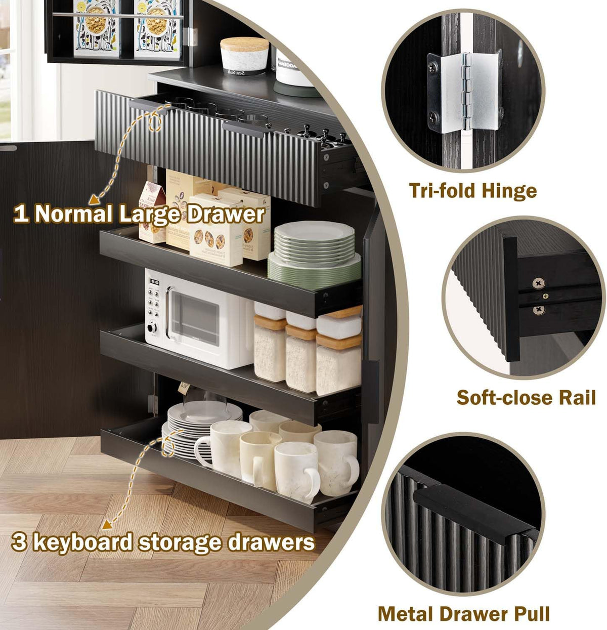 72" Fluted Kitchen Pantry Cabinet with Anti-Tip Safety, Free Standing Versatile Storage Cabinet with Drawers and Adjustable Shelves for Kitchen, Living Room, Dining, Office (Black)