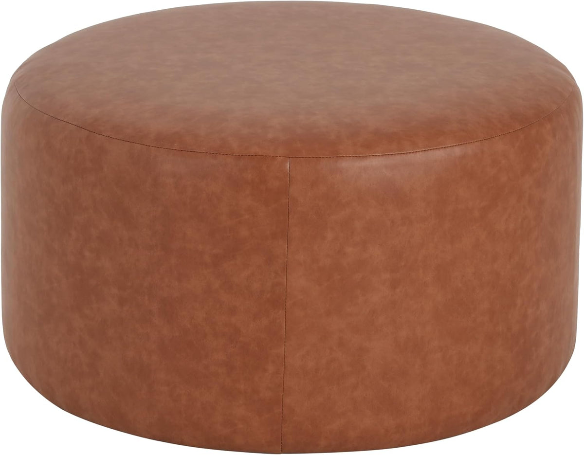 Merax 30.25" Modern Upholstered Round PU Leather Ottoman, Multifunctional Extra Seat, Side Table, Foot Rest, Stuffed Pouf Footstool for Living Room Bedroom, Cognac Brown