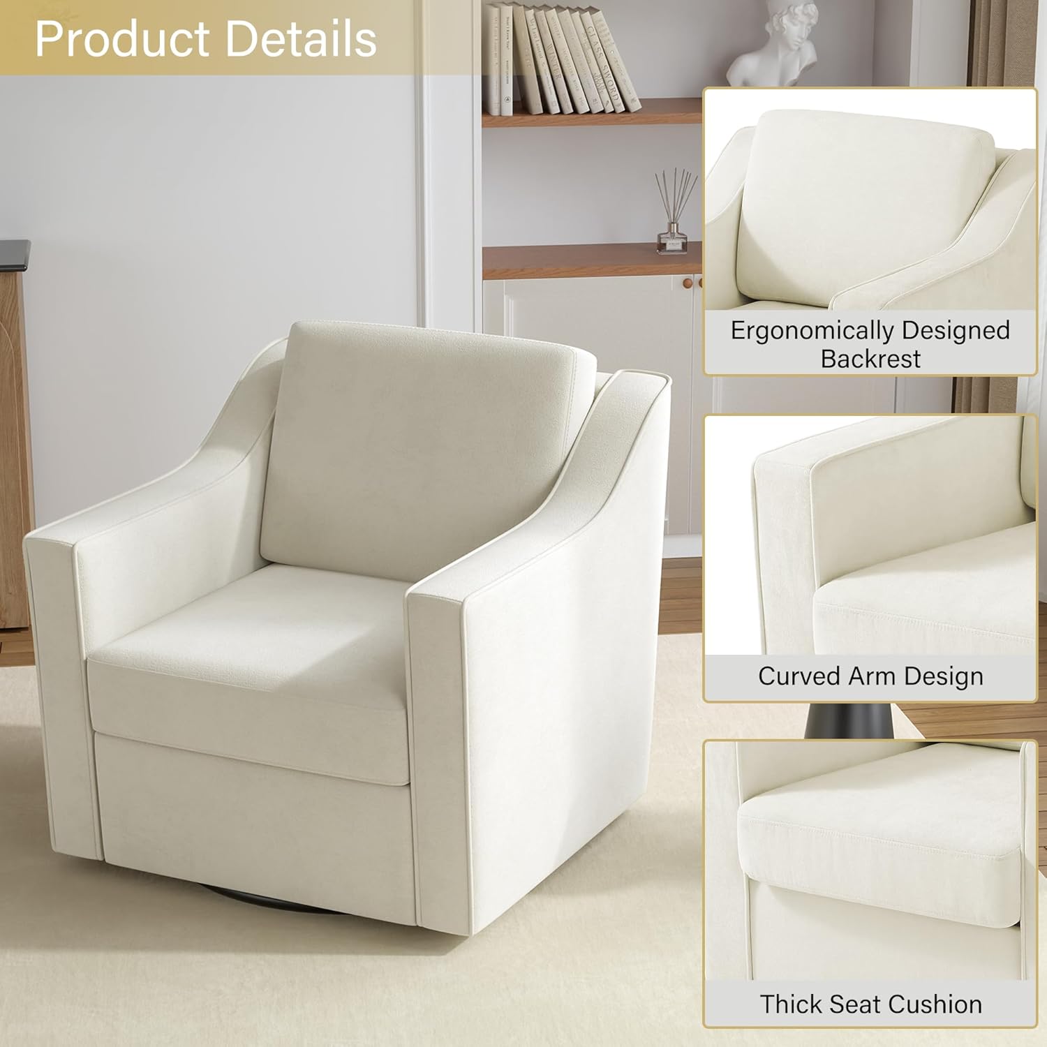 Swivel Accent Chair, Comfy Chenille Swivel Chair with Deep Seat, Upholstered Club Armchair with 360 Degree Rotation Base, Single Sofa Reading Chair for Living Room Bedroom, Beige
