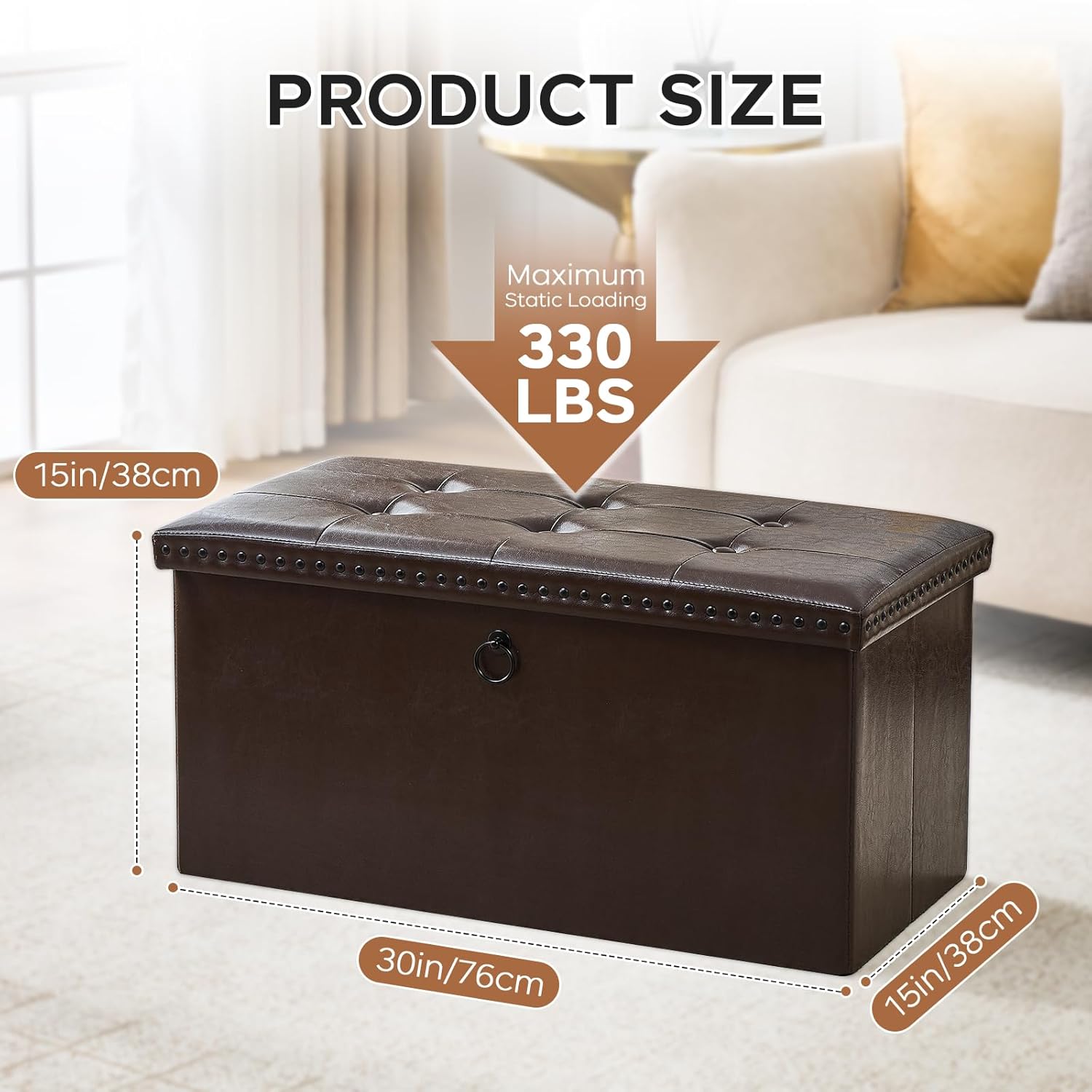 oakvivo 30 Inches Folding Storage Ottoman Bench, Ottoman PU Leather Tuffed End of Bed Bench, Foot Rest with Rivet Design, Ottoman with Storage for Living Room, Bedroom, Entryway, Coffee Brown