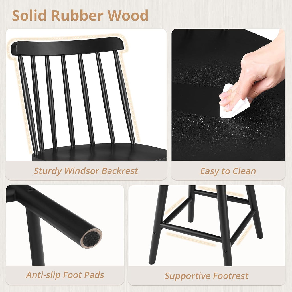 LUE BONA 360° Swivel Bar Stools Set of 3, Black Windsor Barstools, Counter Height Barstool with Spindle Back, 24 inch Farmhouse Wooden Counter Stools for Kitchen Island, Pub, Bistro, Cafe, Dining Room