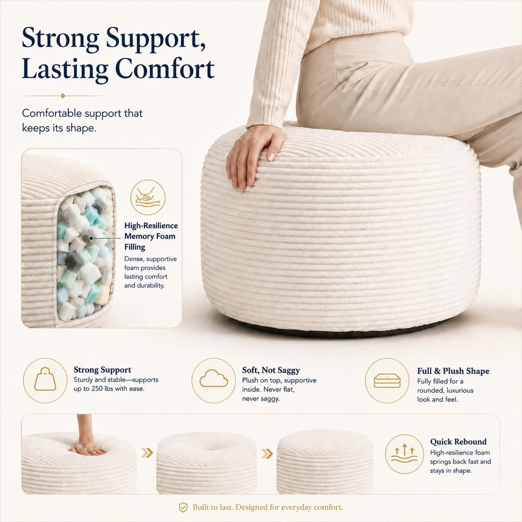 Round Pouf Ottoman Foot Rest 20 X 15 - Floor Pouf for Living Room Seating, Soft Corduroy Ottoman, Lightweight Foot Stool for Couch