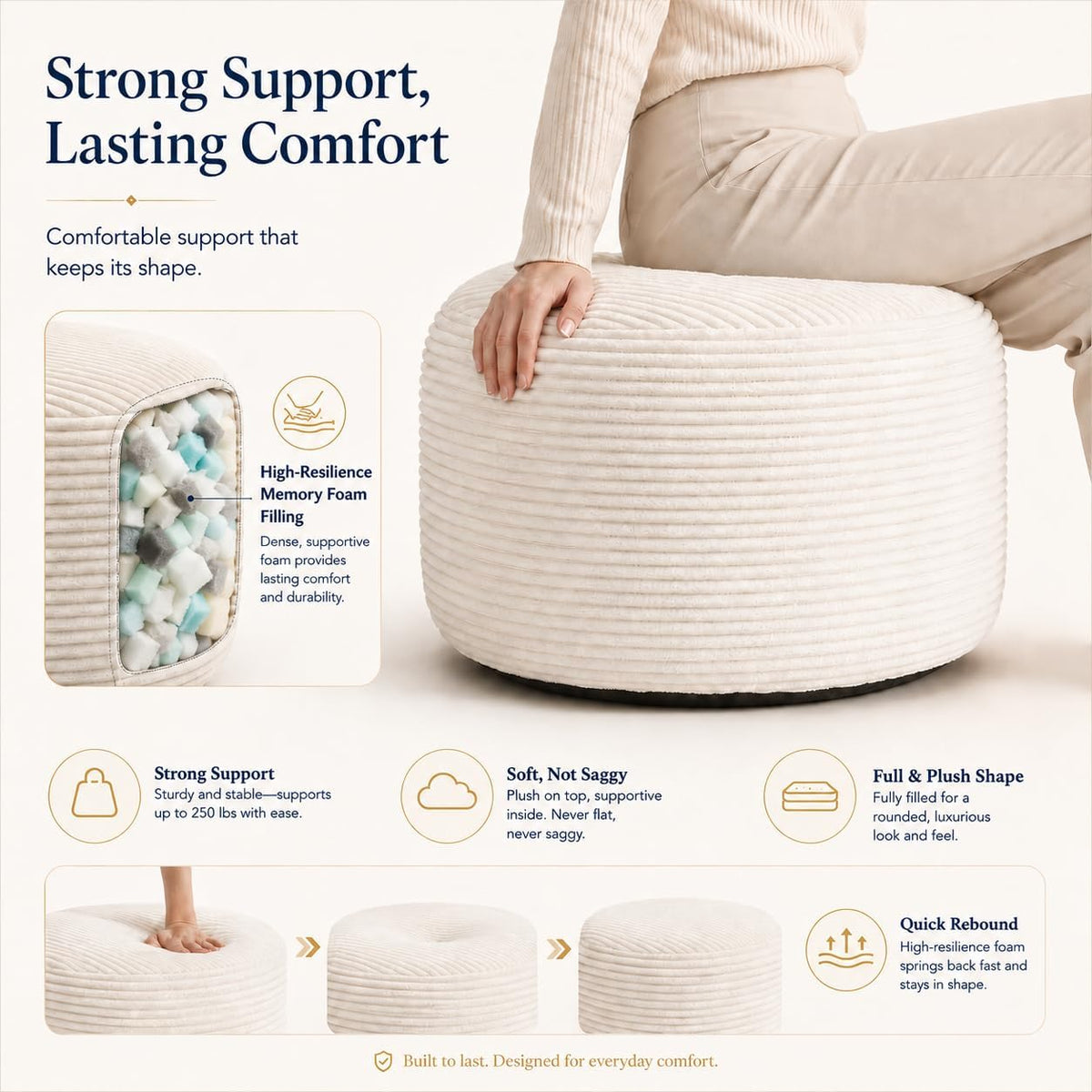 Round Pouf Ottoman Foot Rest 20 X 15 - Floor Pouf for Living Room Seating, Soft Corduroy Ottoman, Lightweight Foot Stool for Couch