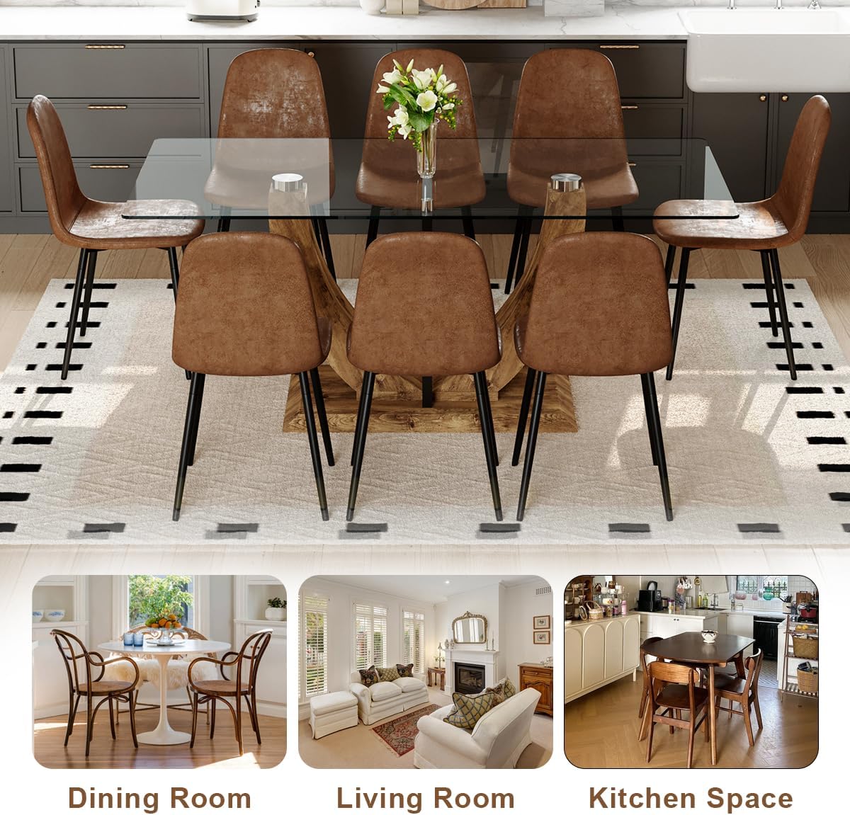 71" Glass Dining Table Set for 6, 7 Piece Dining Table Set,Tempered Glass Table Top with U-Shaped Legs and Fabric Dining Chairs,Ideal for Kitchens, Living Rooms (Brown Chair, 1 Table+6 Chairs)