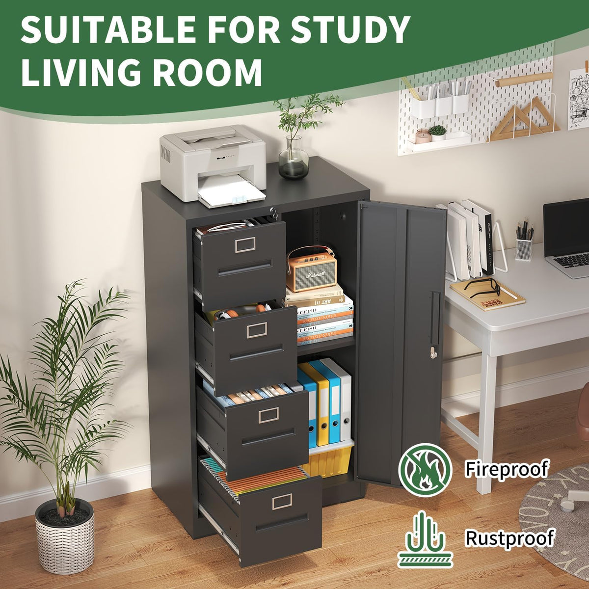 File Cabinet 4 Drawer, Vertical File Cabinet with Lock and 1 Door, File Cabinet with Storage Shelves for A4 Legal/Letter, Assembly Required (Black)