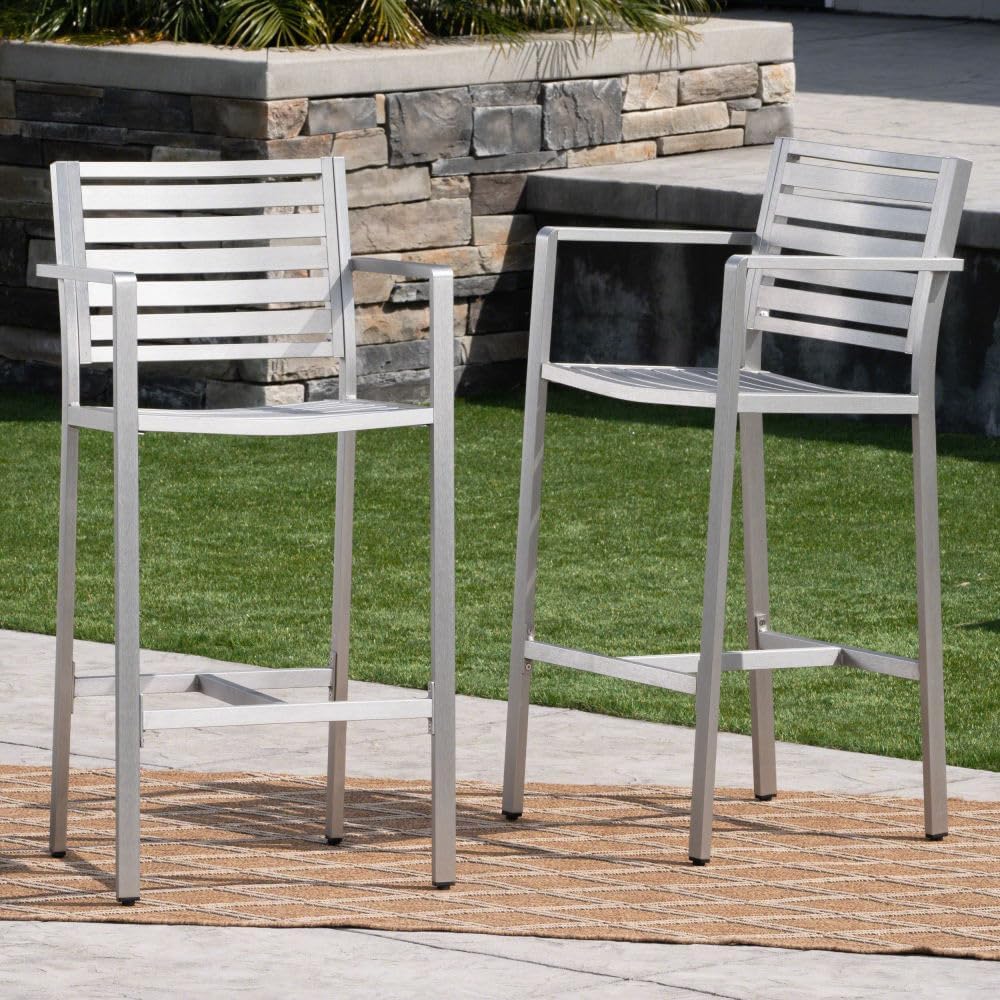 Saiveina Outdoor 29.50" Barstools with Rust-Proof Aluminum Frame, Set of 2, Silver