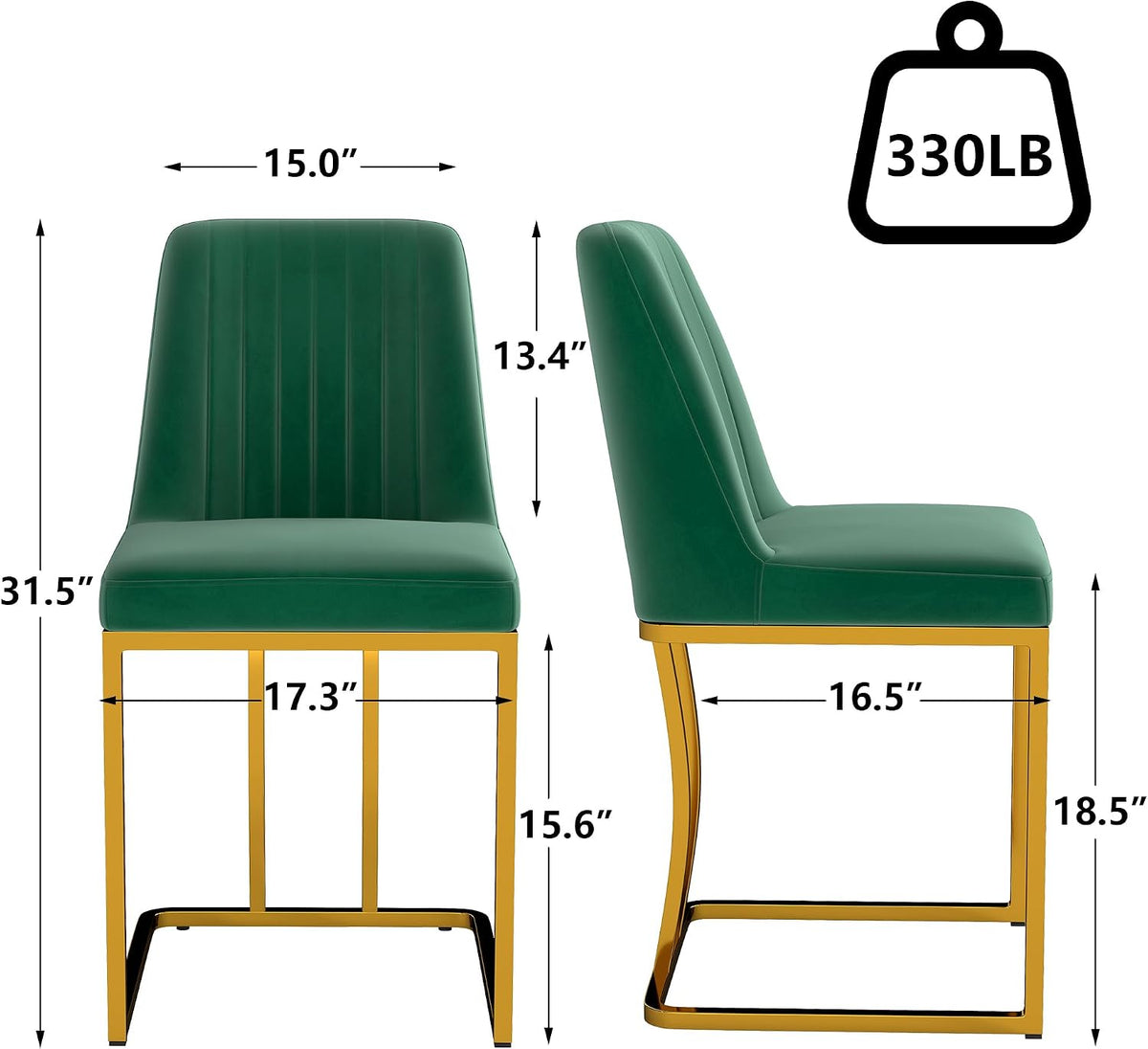 LSSBOUGHT Velvet Upholstered Dining Chairs Set of 2, Mid Century Modern Padded Chair with Gold Metal Frame for Restaurant,Dining Room,Kitchen (Green, 2PCS)
