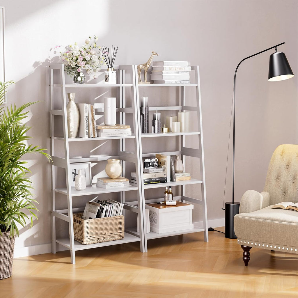 HITNET Ladder Shelf, 4 Tier Bookshelf, Floor Standing Bathroom Storage Rack with Bamboo Frame, Home Office Open Display Bookcase, White
