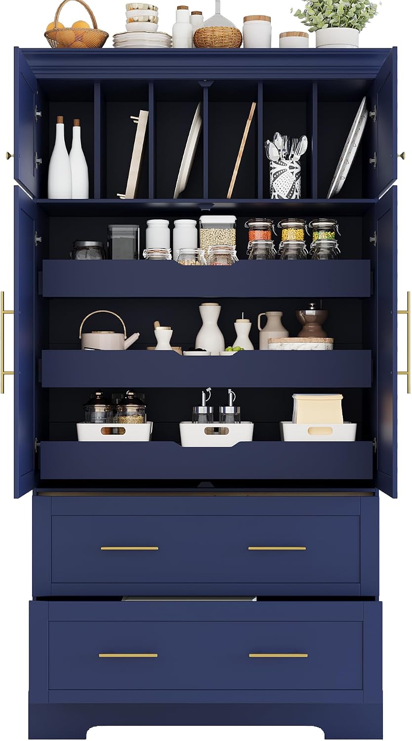 Farmhouse Kitchen Pantry Cabinet, Tall Freestanding Cupboard with Pull-Out Trays, Drawers and Cake Pan Storage Organizer for Kitchen, Dining Room (Blue)