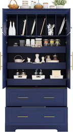 Farmhouse Kitchen Pantry Cabinet, Tall Freestanding Cupboard with Pull-Out Trays, Drawers and Cake Pan Storage Organizer for Kitchen, Dining Room (Blue)