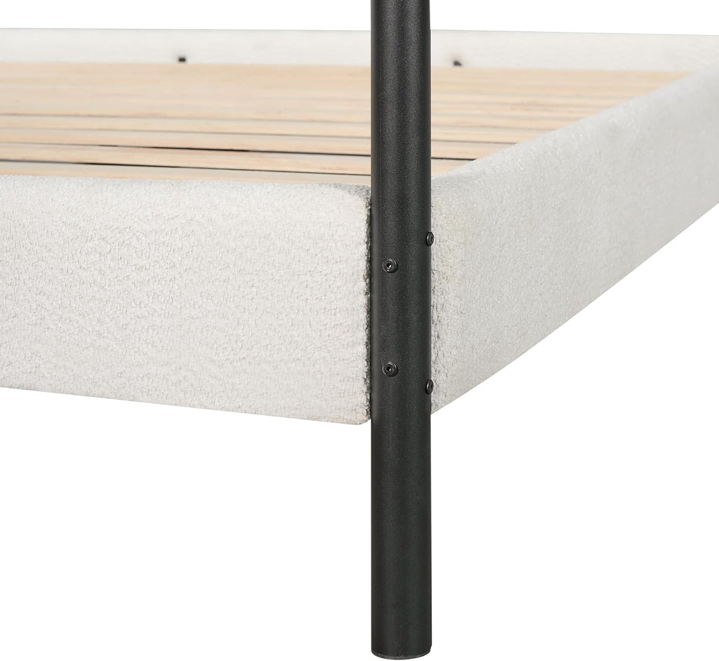 Christopher Knight Home Queen Size Upholstered Canopy Bed Frame with Boucle Fabric, Curved Headboard and Iron Legs, Modern Platform Bed Frame with Slats No Box Spring Needed, White