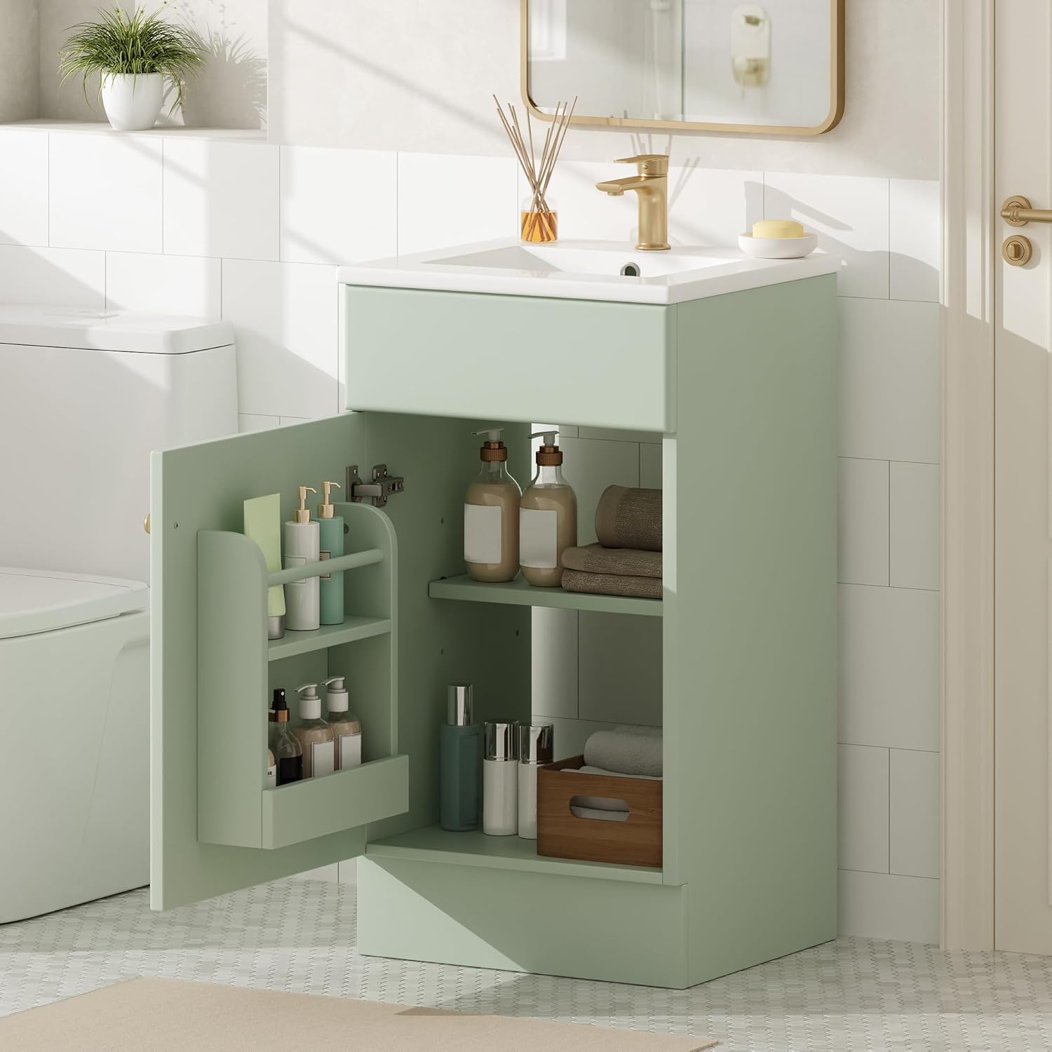 JIVOIT 18" Bathroom Vanity with Ceramic Sink, Vanity Cabinet with Door Shelf& Storage Rack & Adjustable Shelf, Soft Closing Door, Single Vanity Set for Small Bathroom