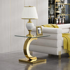 Modern Square Glass End Side Table with C-Shape Gold Stainless Steel Base, 22.83" Small Glass Top Bed Side Coffee Table Nightstand for Living Room Bedroom Office