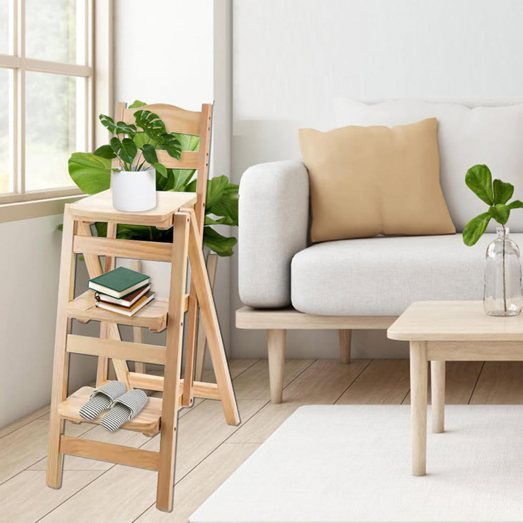 Folding Bar Stool, 3 Step Multifunction Portable Adults Solid Wood Ladder Stool for Household Kitchen, Bathroom Storage Shelf, Wood Color