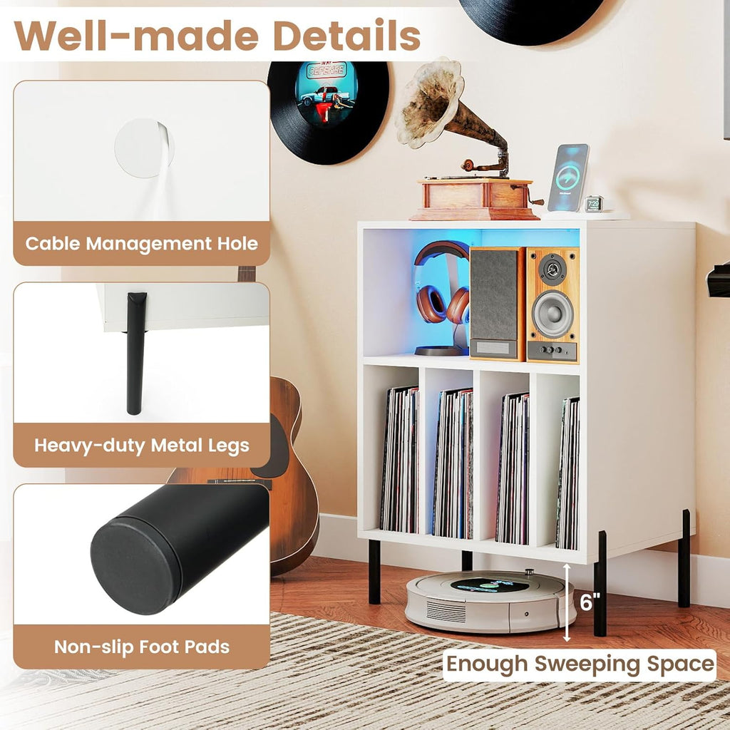 Giantex Record Player Stand with LED Lights & Charging Station, Turntable Stand with Record Holder, Record Player Table with Metal Legs, Vinyl Record Storage for Living Room, Music Room, White
