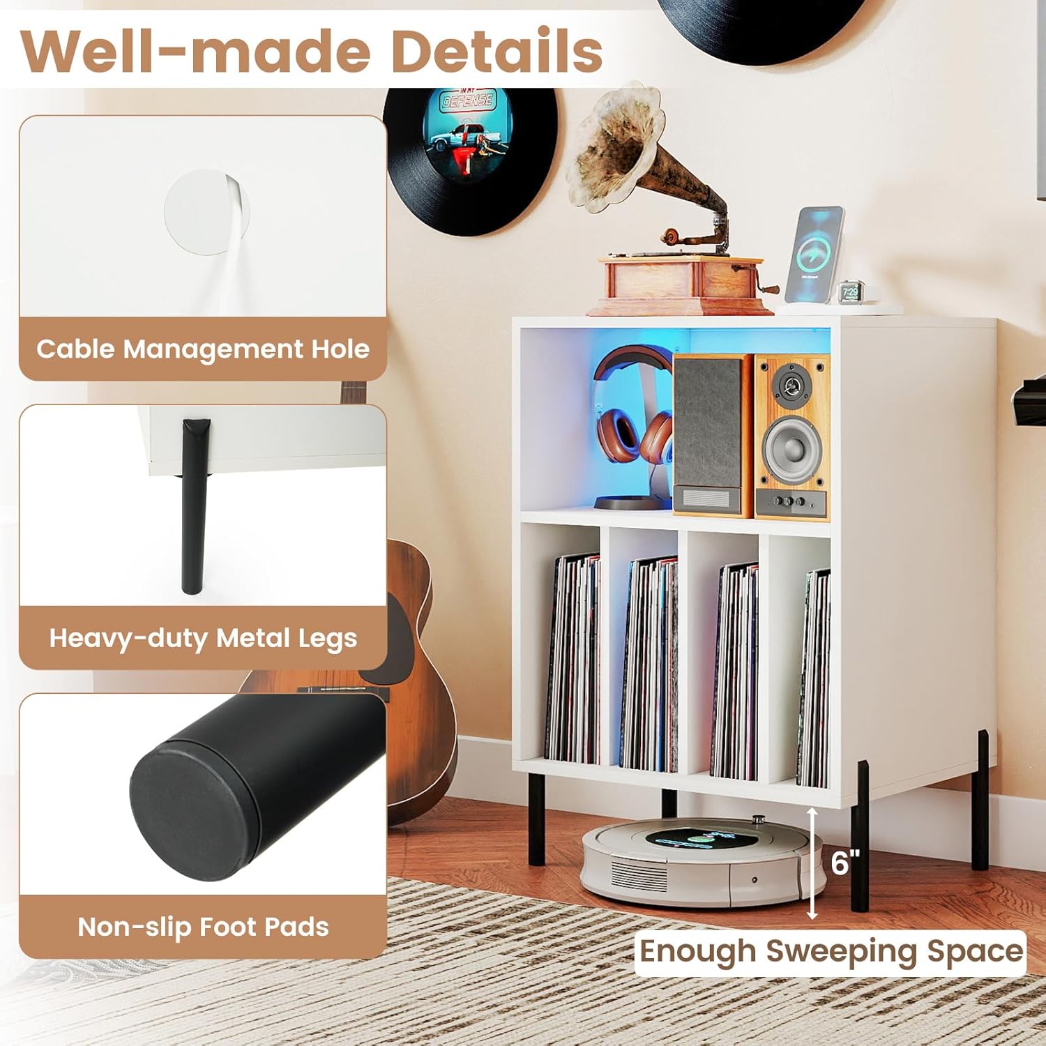 Giantex Record Player Stand with LED Lights & Charging Station, Turntable Stand with Record Holder, Record Player Table with Metal Legs, Vinyl Record Storage for Living Room, Music Room, White