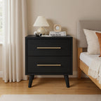 Ahomly Night Stand with 2 Drawers, Solid Wood Side Table for Bedroom, Black | Solid Wood Bedside Table with Two Drawers, Metal Handle, Compact Storage for Bedrooms and Sofa Sides