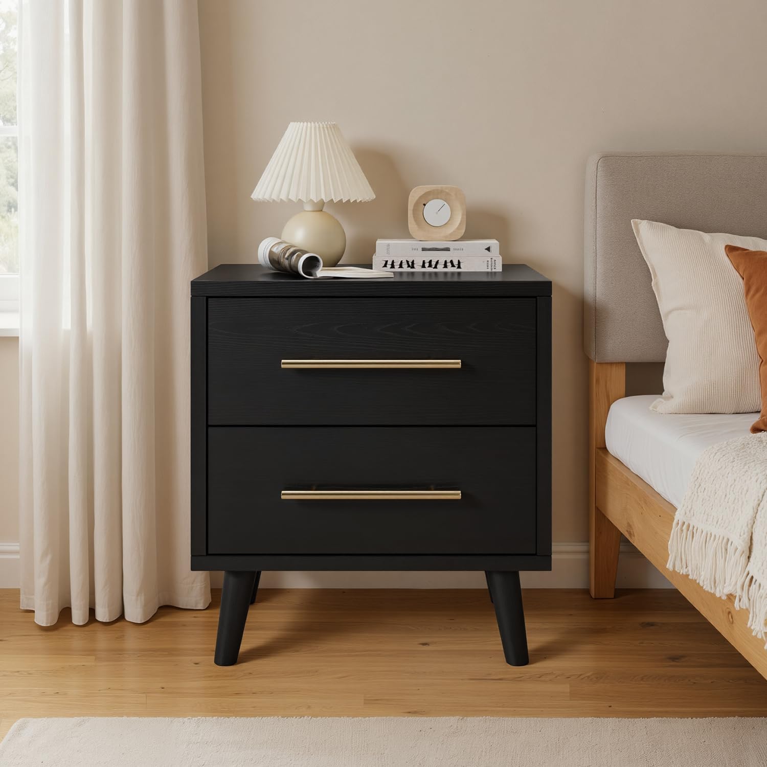 Ahomly Night Stand with 2 Drawers, Solid Wood Side Table for Bedroom, Black | Solid Wood Bedside Table with Two Drawers, Metal Handle, Compact Storage for Bedrooms and Sofa Sides