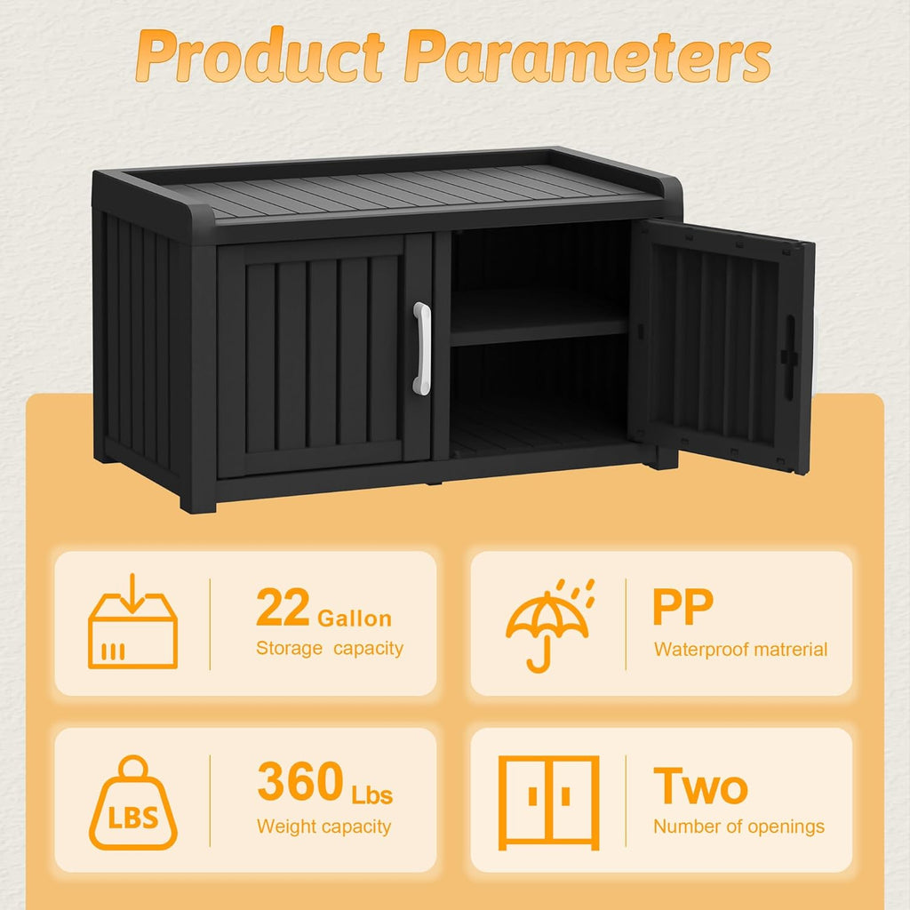 2-Tier Storage Bench, Waterproof UV-Resistant Outdoor Shoe Storage Cabinet ，Outdoor Shoe Rack with 2 Doors & Adjustable Shelves for Indoor Outdoor Entryway, Hallway, Living Room (Black)