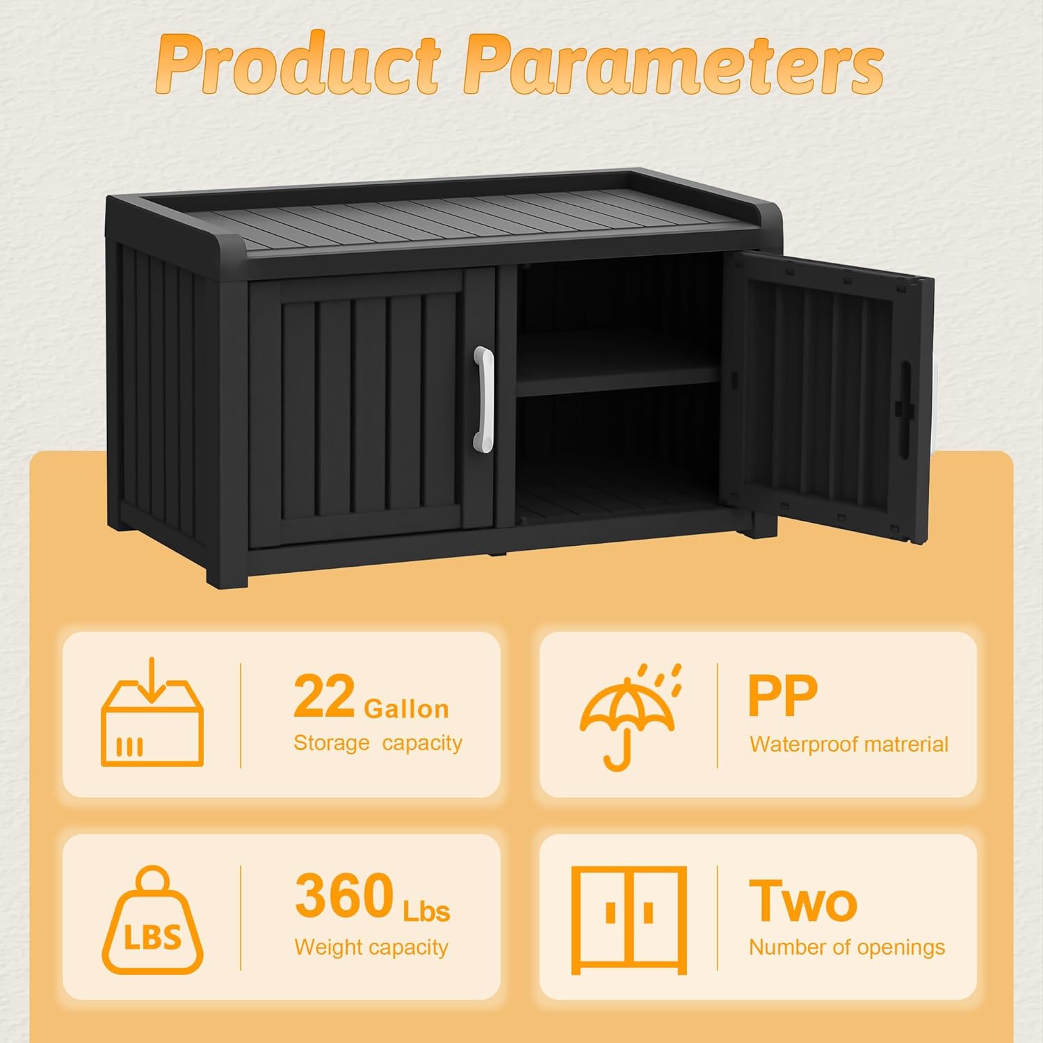 2-Tier Storage Bench, Waterproof UV-Resistant Outdoor Shoe Storage Cabinet ，Outdoor Shoe Rack with 2 Doors & Adjustable Shelves for Indoor Outdoor Entryway, Hallway, Living Room (Black)