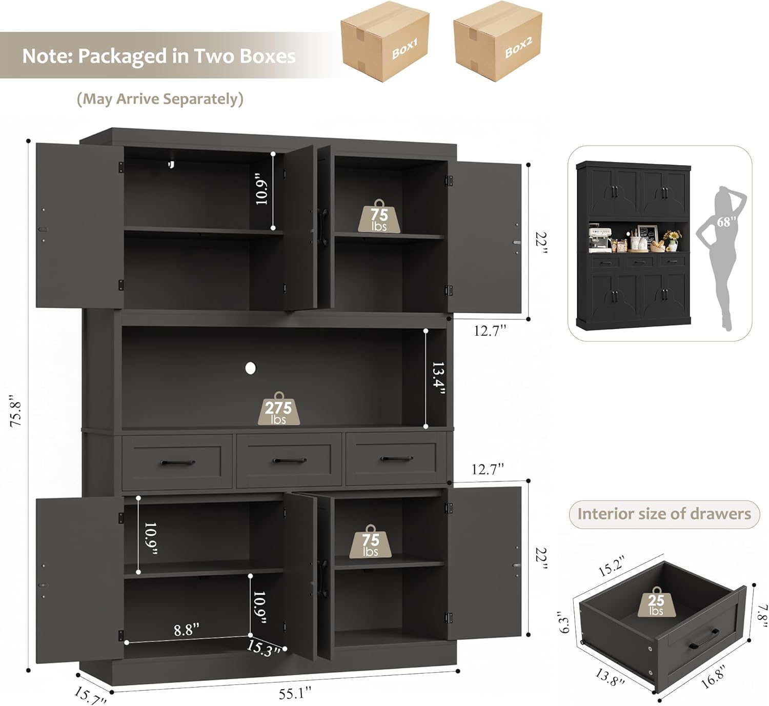 HITHOS 76" Tall Kitchen Pantry Storage Cabinet, 55“ Wide Kitchen Hutch Cabinet with Storage Drawers, Large Food Pantry with Microwave Stand, Modern Cupboard with Hutch for Dining Living Room, Black