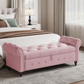 63" Wide Storage Bench, Velvet Upholstered End of Bed Bench with Pull Ring Design, Storage Shoe Cabinet Bench with Rolled Arm, Modern Window Bench for Bedroom (Pink)