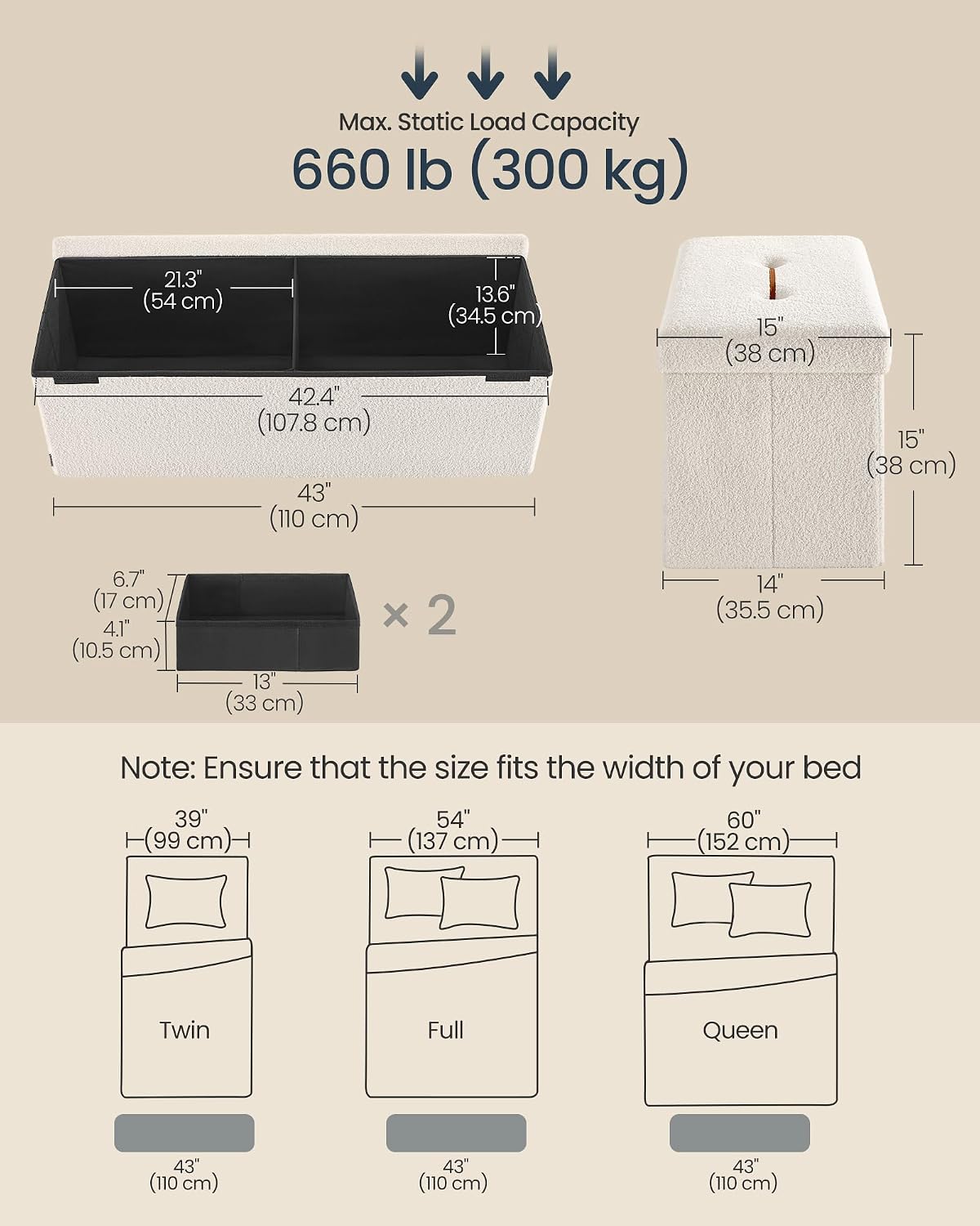 SONGMICS Large Folding Storage Ottoman Bench, 15 x 43 x 15 Inches | Foot Rest Stool, Load up to 660 lb, Cappuccino White and Ink Black, MINOTA Collection ULSF097W01
