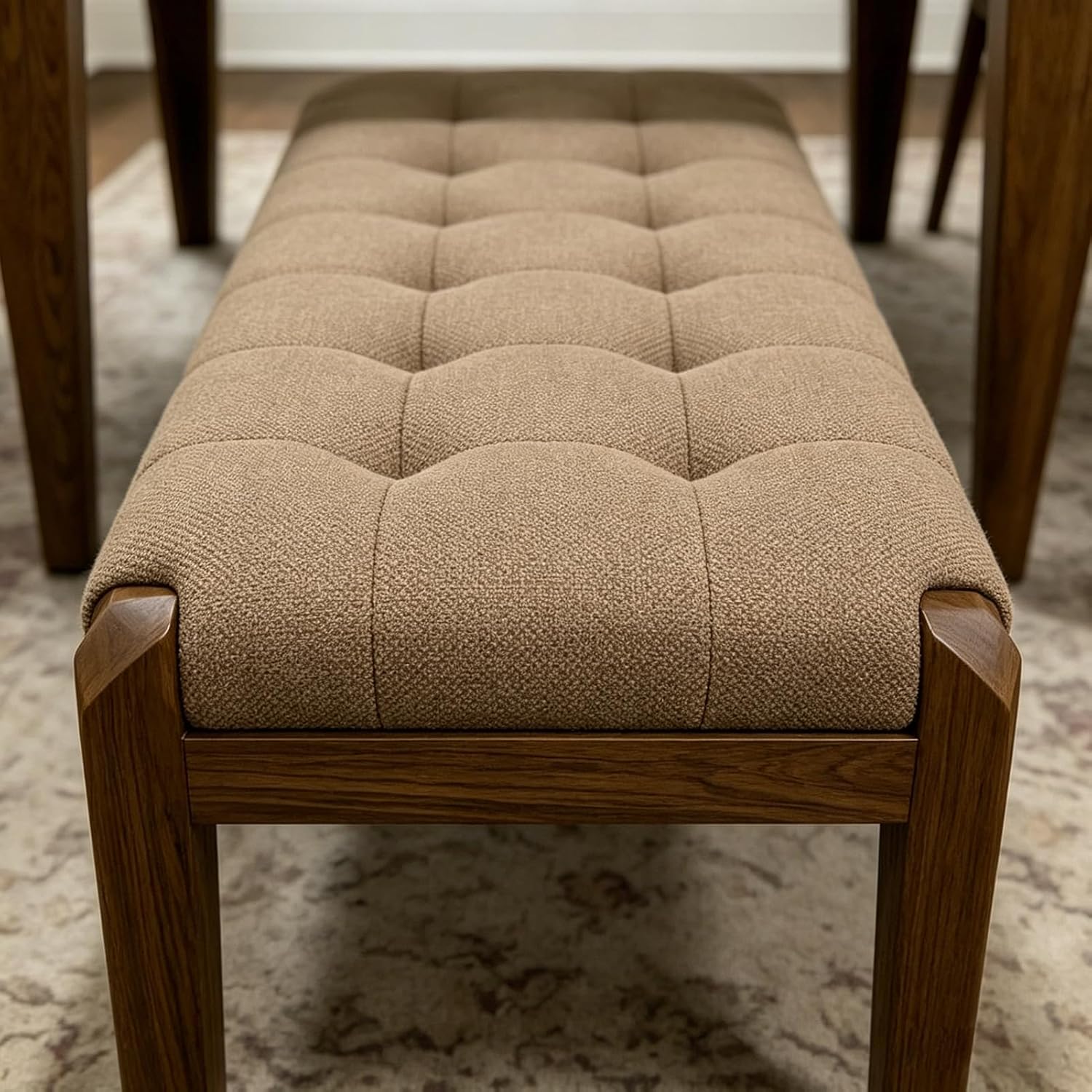 Lartis Solid Wood Dining Bench, Grid Quilted Button Tufted Cotton Linen Upholstered Bench, Angular Tapered Wooden Legs, Padded End of Bed & Entryway Bench, Easy Leg Assembly