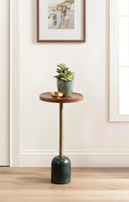Kate and Laurel Shorrock Round Mango Wood Side Table, 12 x 12 x 24, Walnut Brown, Brass, and Green Marble, Modern Pedestal End Table with Marble Base for Bedroom Nightstand or Living Room Plant Stand