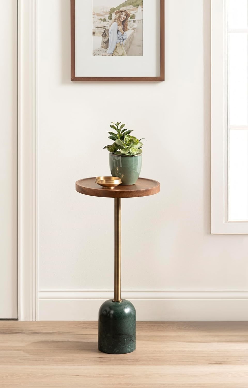 Kate and Laurel Shorrock Round Mango Wood Side Table, 12 x 12 x 24, Walnut Brown, Brass, and Green Marble, Modern Pedestal End Table with Marble Base for Bedroom Nightstand or Living Room Plant Stand