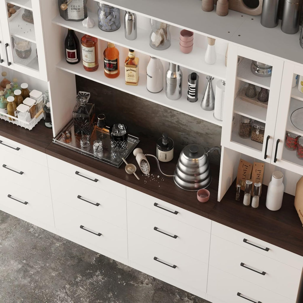 Kitchen Storage Cabinet with Glass Doors & Shelves, Kitchen Pantry with 12 Drawers, for Dining Room, White 94.5”W x 15.8”D x 83.3”H